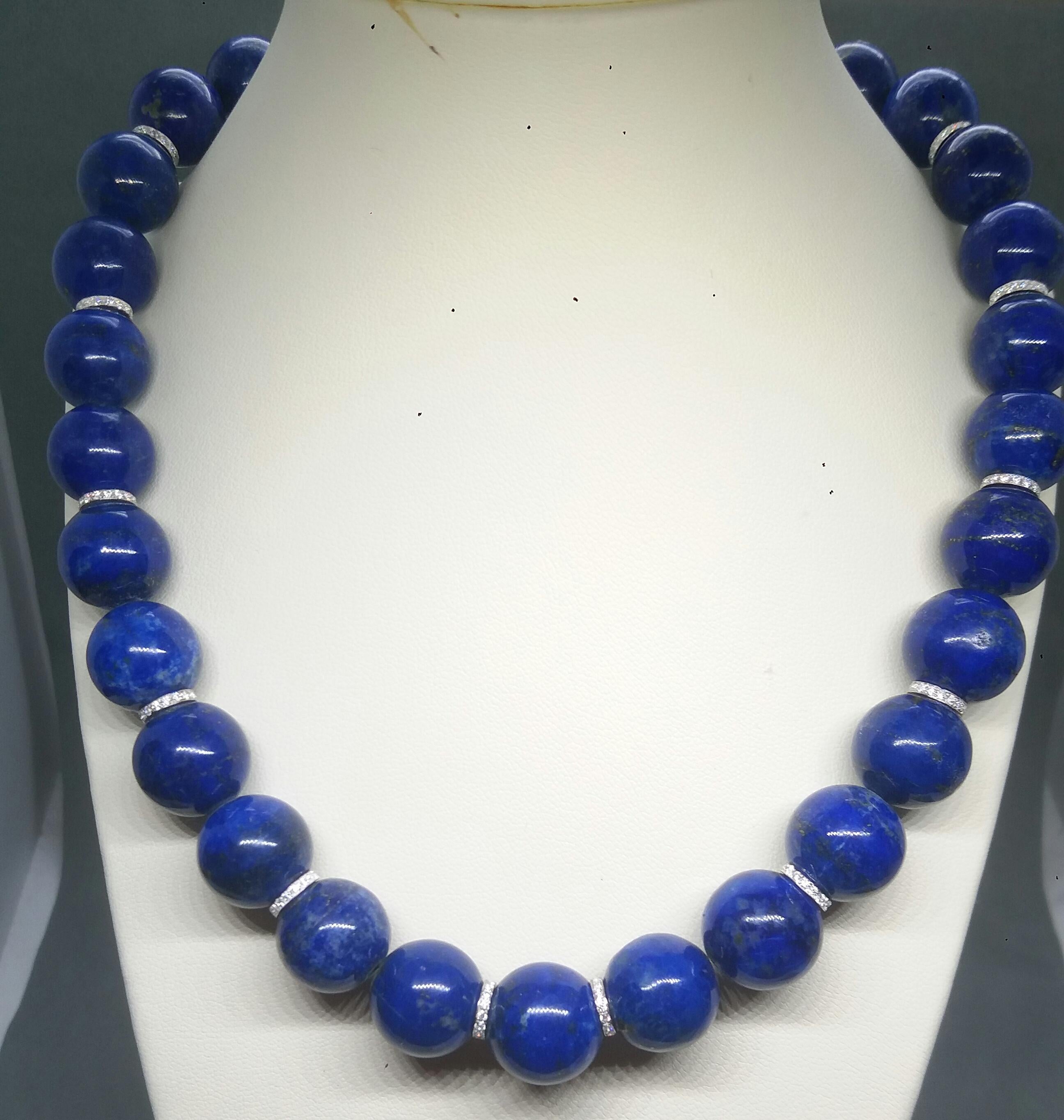 Round Cut Natural Lapis Lazuli Beads Necklace 14 K White Gold Diamonds Spacers And Clasp For Sale