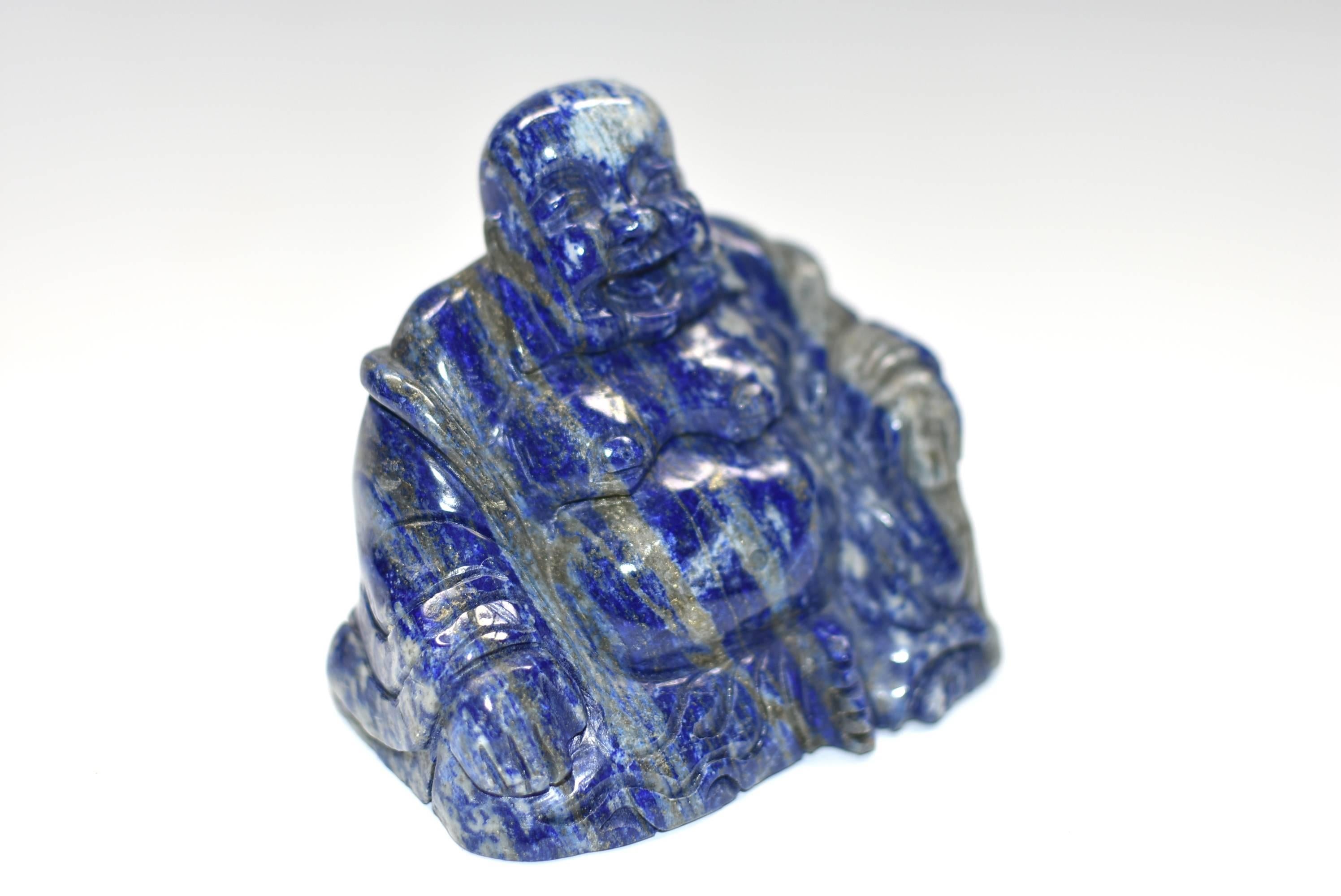 Natural Lapis Lazuli Buddha, Hand-Carved Happy Buddha In Excellent Condition In Somis, CA