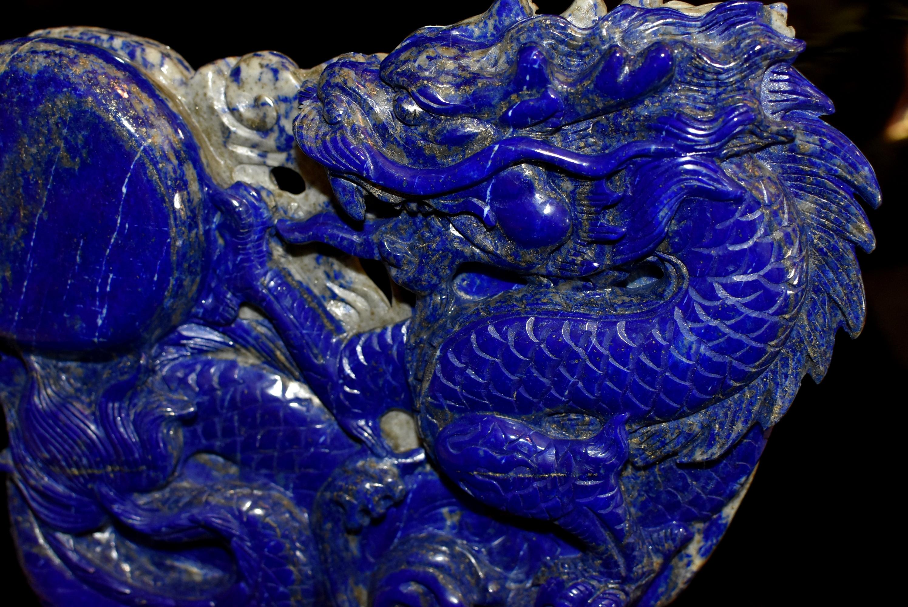 Natural Lapis Lazuli Dragon Chasing Pearl Statue, Fine Grade Hand Carved For Sale 3