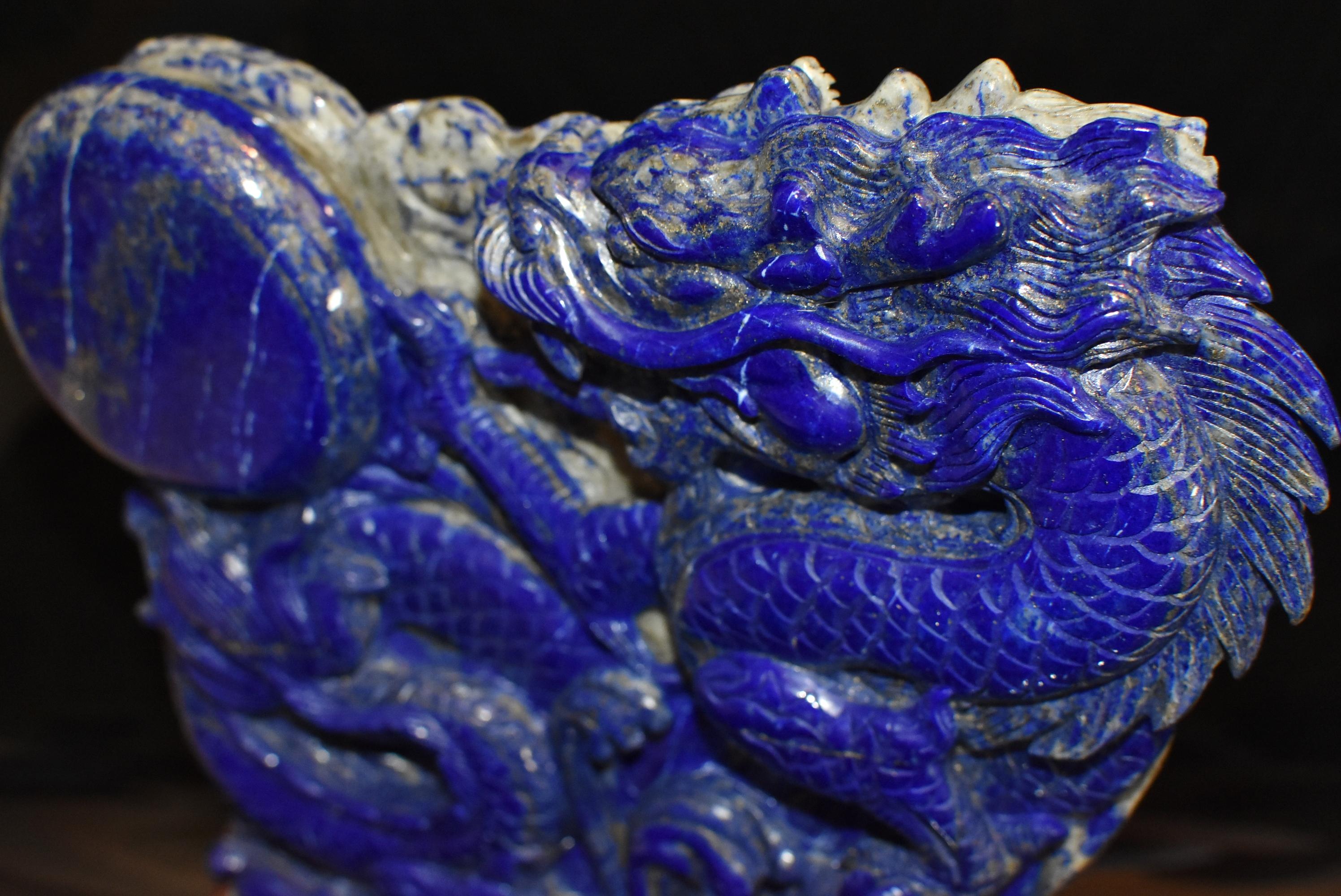 Natural Lapis Lazuli Dragon Chasing Pearl Statue, Fine Grade Hand Carved For Sale 5