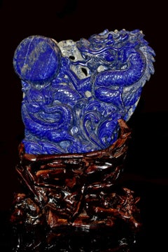 Natural Lapis Lazuli Dragon Chasing Pearl Statue, Fine Grade Hand Carved