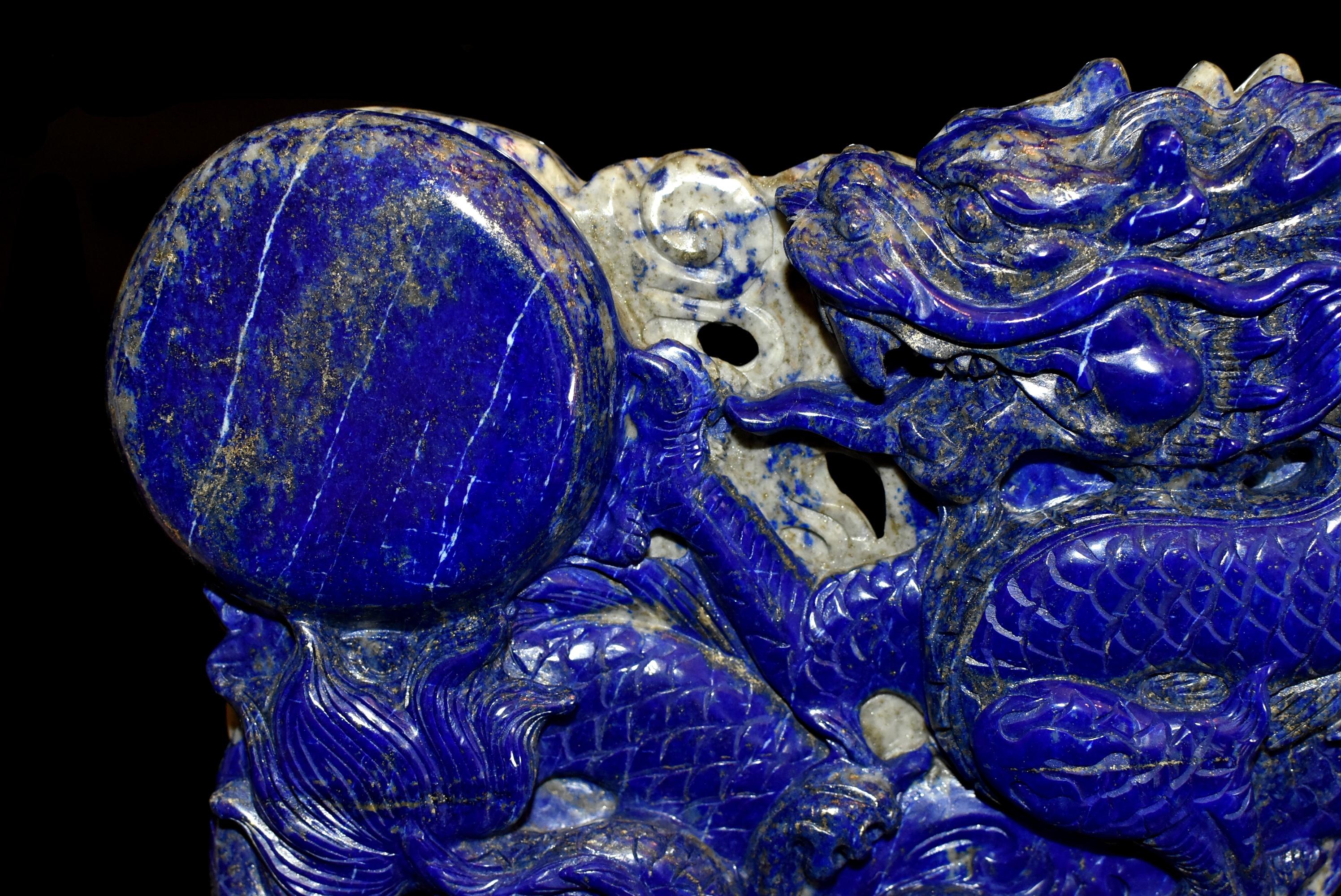 Afghan Natural Lapis Lazuli Dragon Chasing Pearl Statue, Fine Grade Hand Carved For Sale