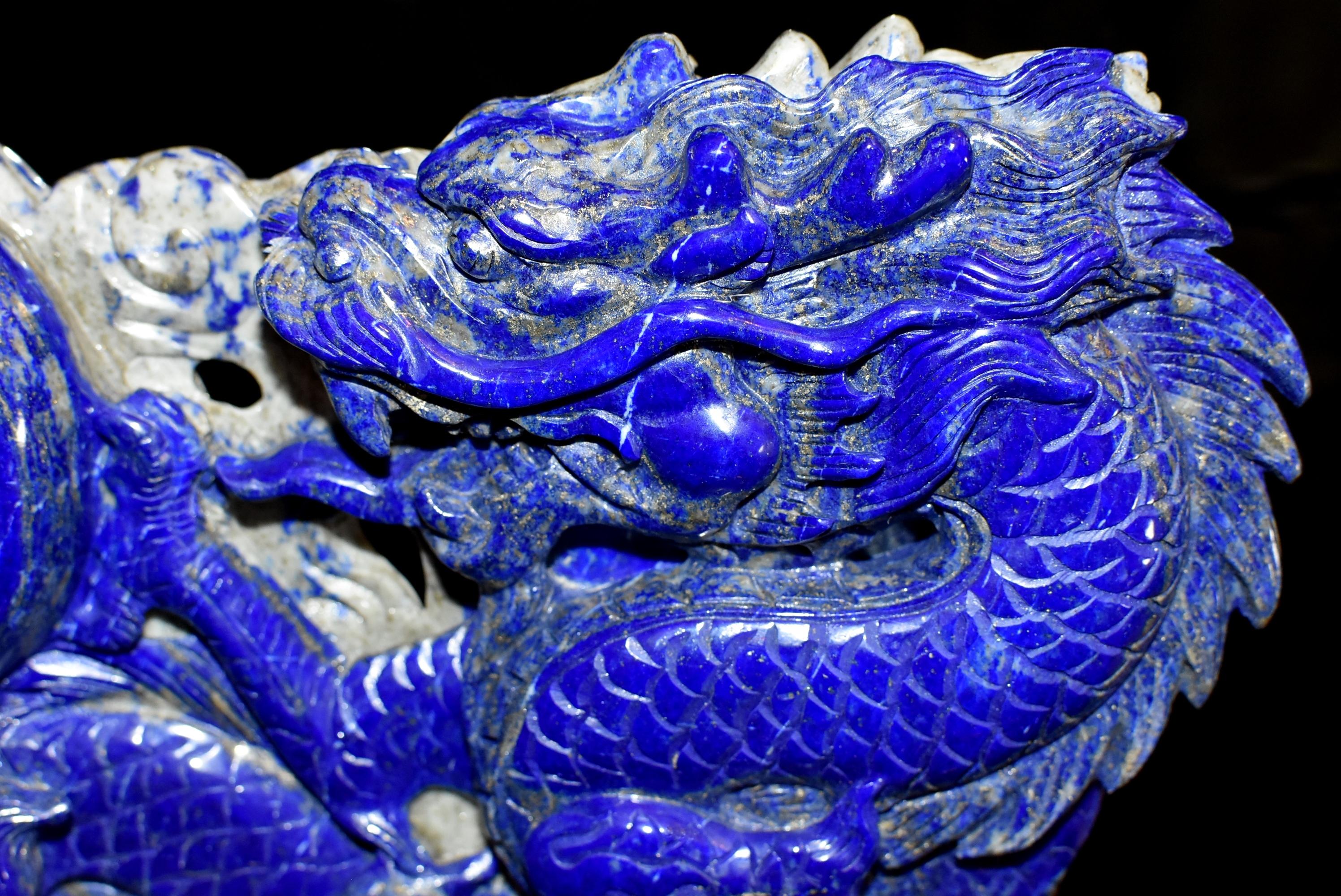Hand-Carved Natural Lapis Lazuli Dragon Chasing Pearl Statue, Fine Grade Hand Carved For Sale