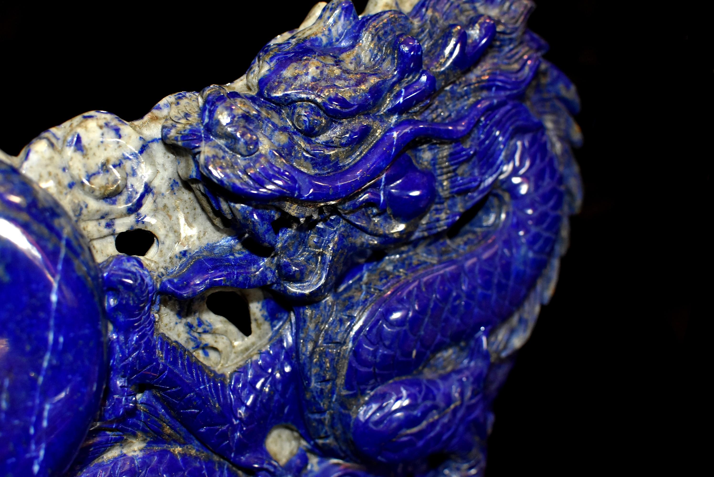 Natural Lapis Lazuli Dragon Chasing Pearl Statue, Fine Grade Hand Carved For Sale 1