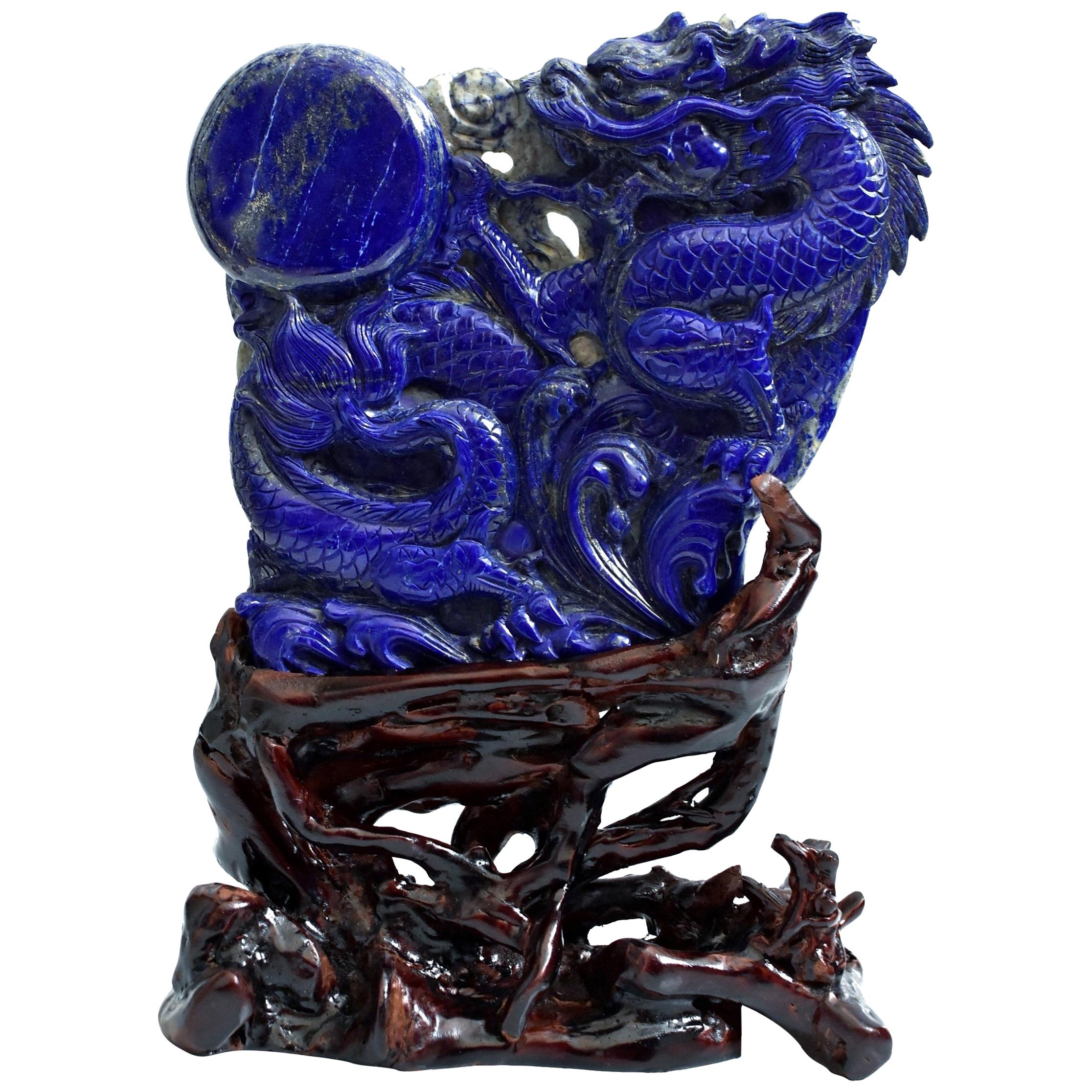 Natural Lapis Lazuli Dragon Chasing Pearl Statue, Fine Grade Hand Carved For Sale
