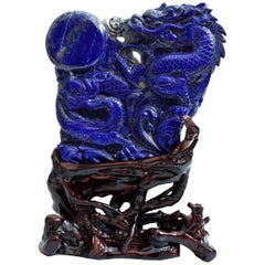 Vintage Natural Lapis Lazuli Dragon Chasing Pearl Statue, Fine Grade Hand Carved