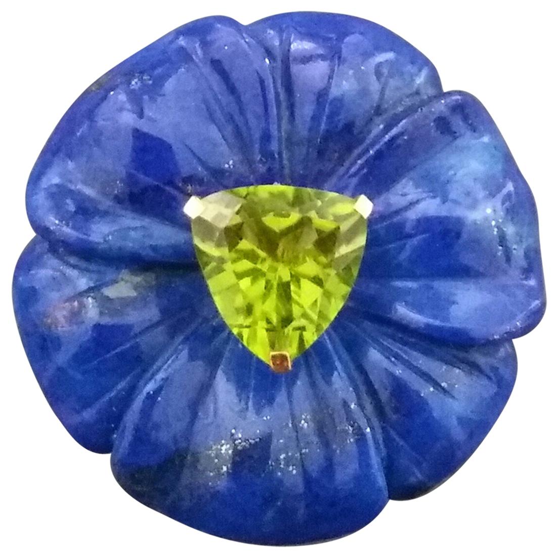 Natural Lapis Lazuli Flower Trillion Cut Peridot Solid 14 Kt Gold Fashion Ring For Sale
