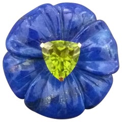 Natürlicher Lapislazuli Blume Trillionschliff Peridot Massiv 14 Kt Gold Mode Ring