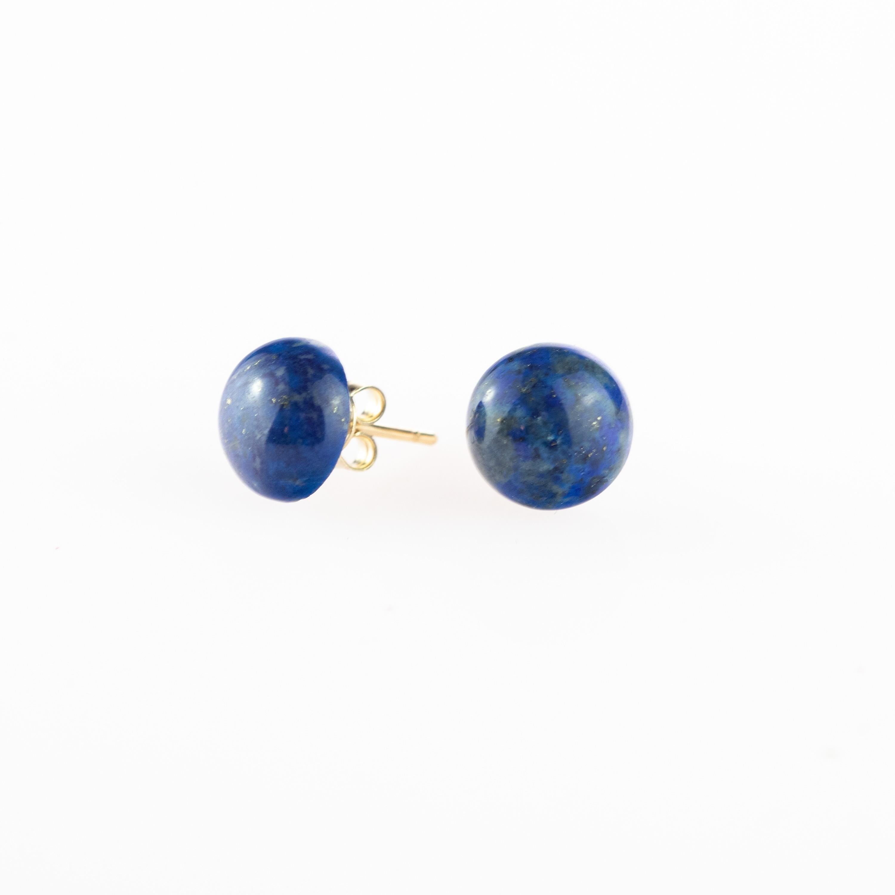 Women's or Men's Natural Lapis Lazuli Round Cabochon Gold Plate Stud Retro Cocktail Earrings For Sale