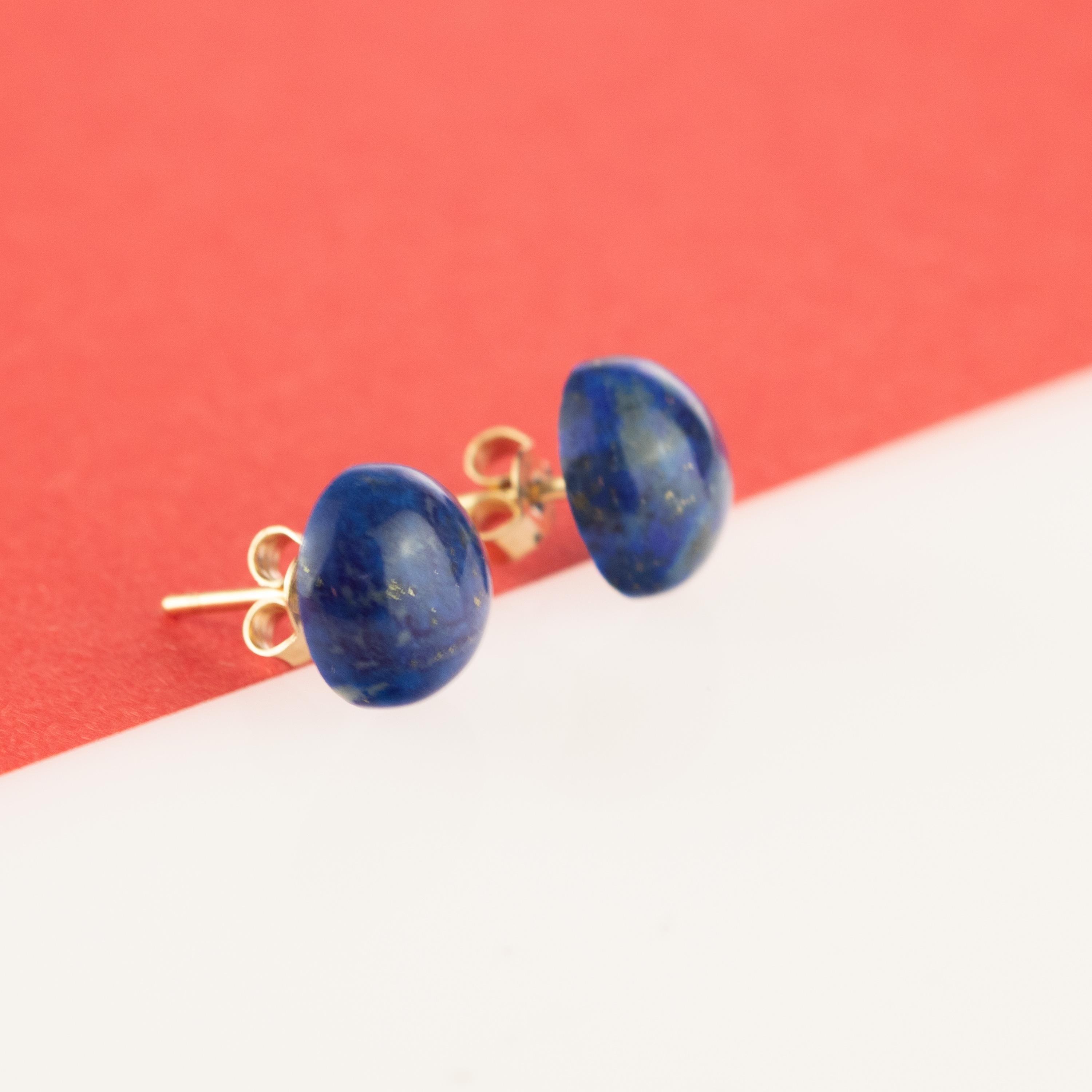 Natural Lapis Lazuli Round Cabochon Gold Plate Stud Retro Cocktail Earrings For Sale 1