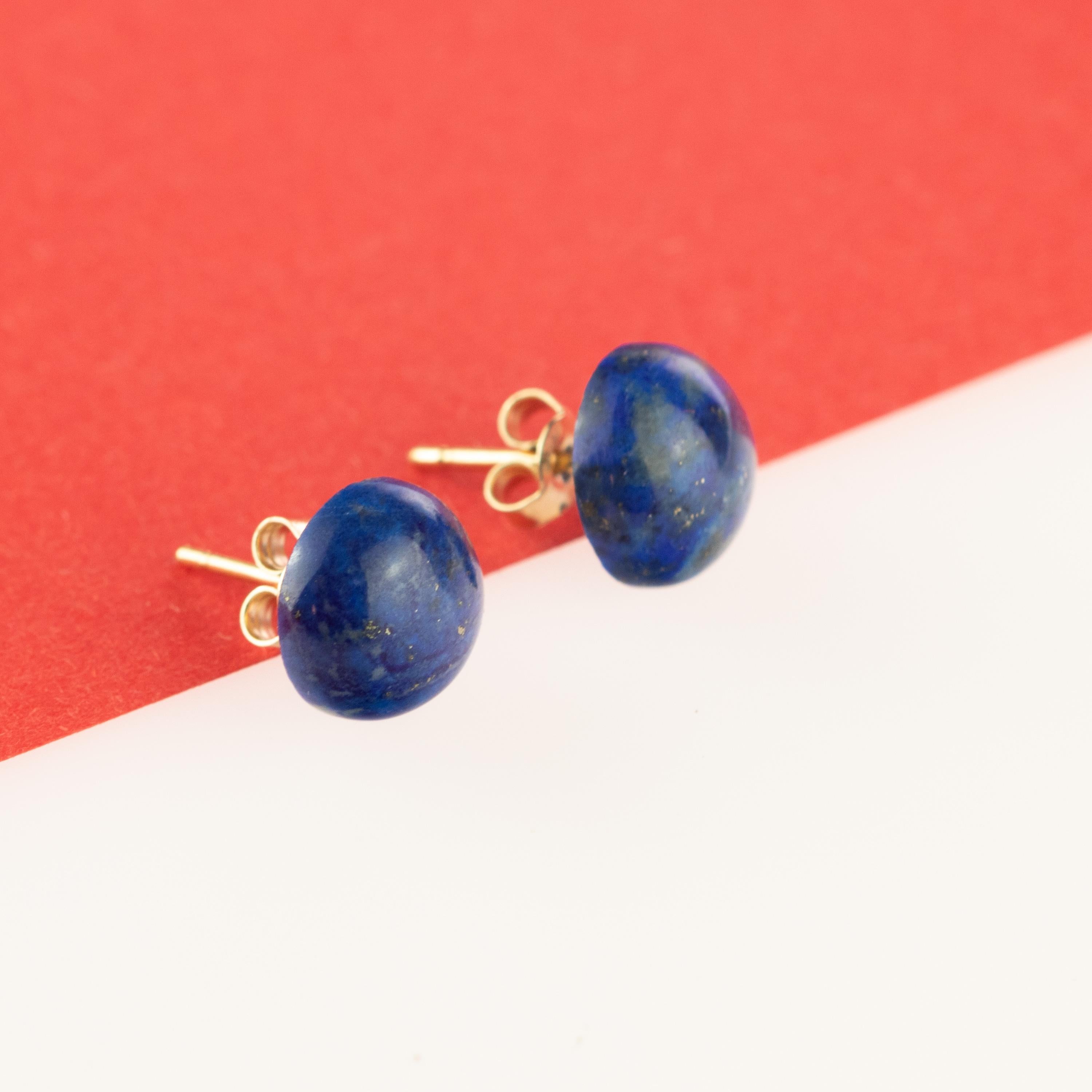Natural Lapis Lazuli Round Cabochon Gold Plate Stud Retro Cocktail Earrings For Sale 3