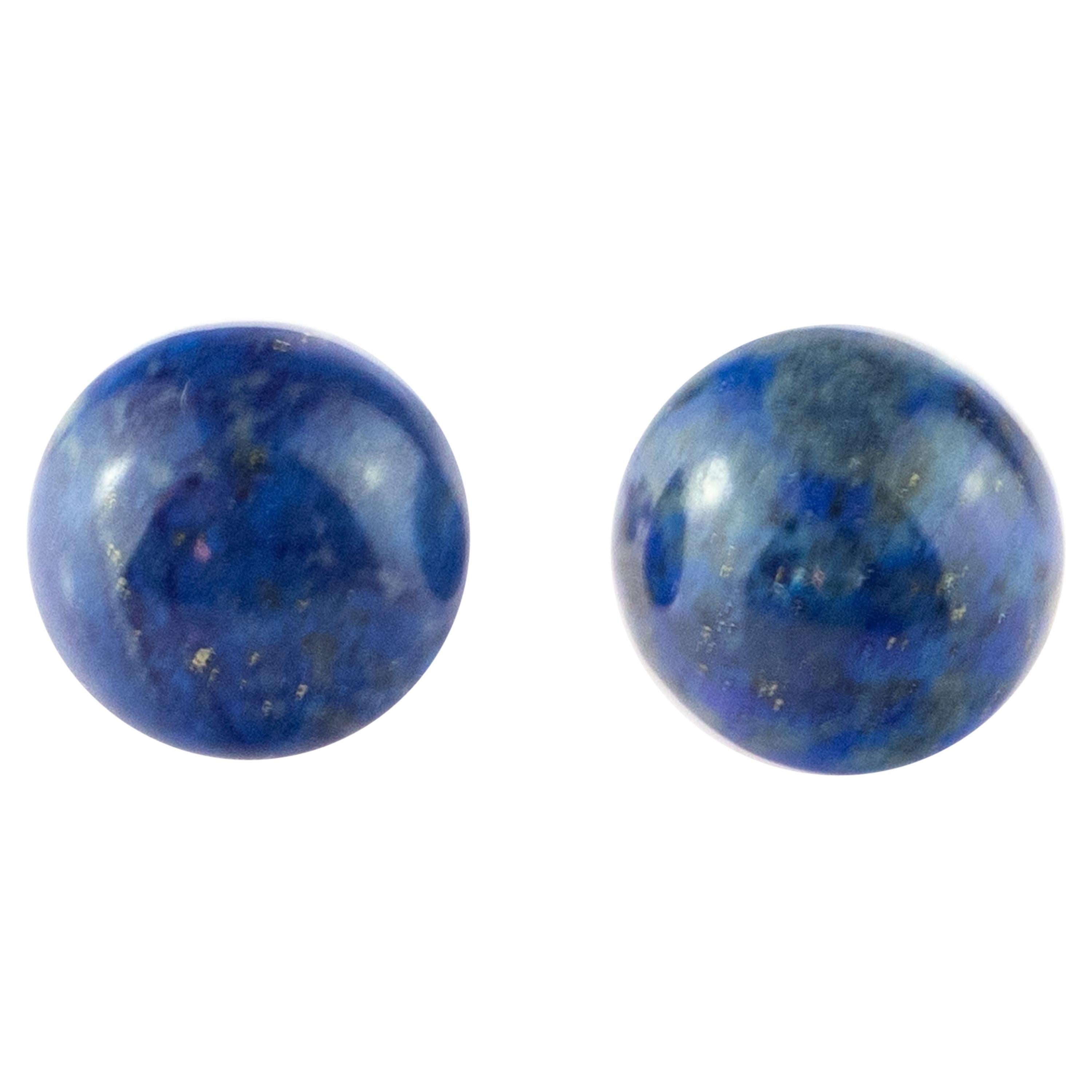 Natural Lapis Lazuli Round Cabochon Gold Plate Stud Retro Cocktail Earrings For Sale
