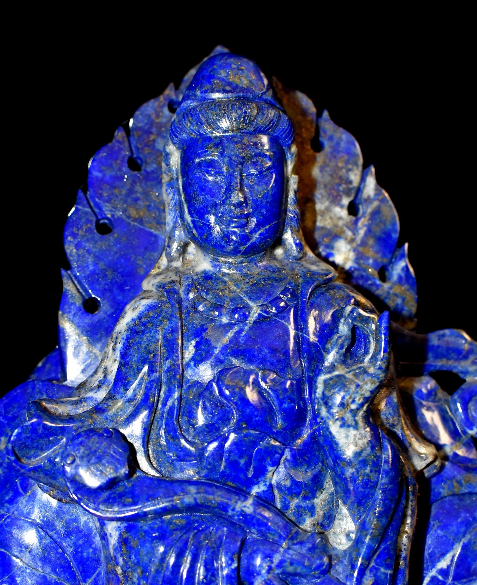 Hand-Carved Natural Lapis Lazuli Statue of Guan Yin 6 lb Finest Grade For Sale