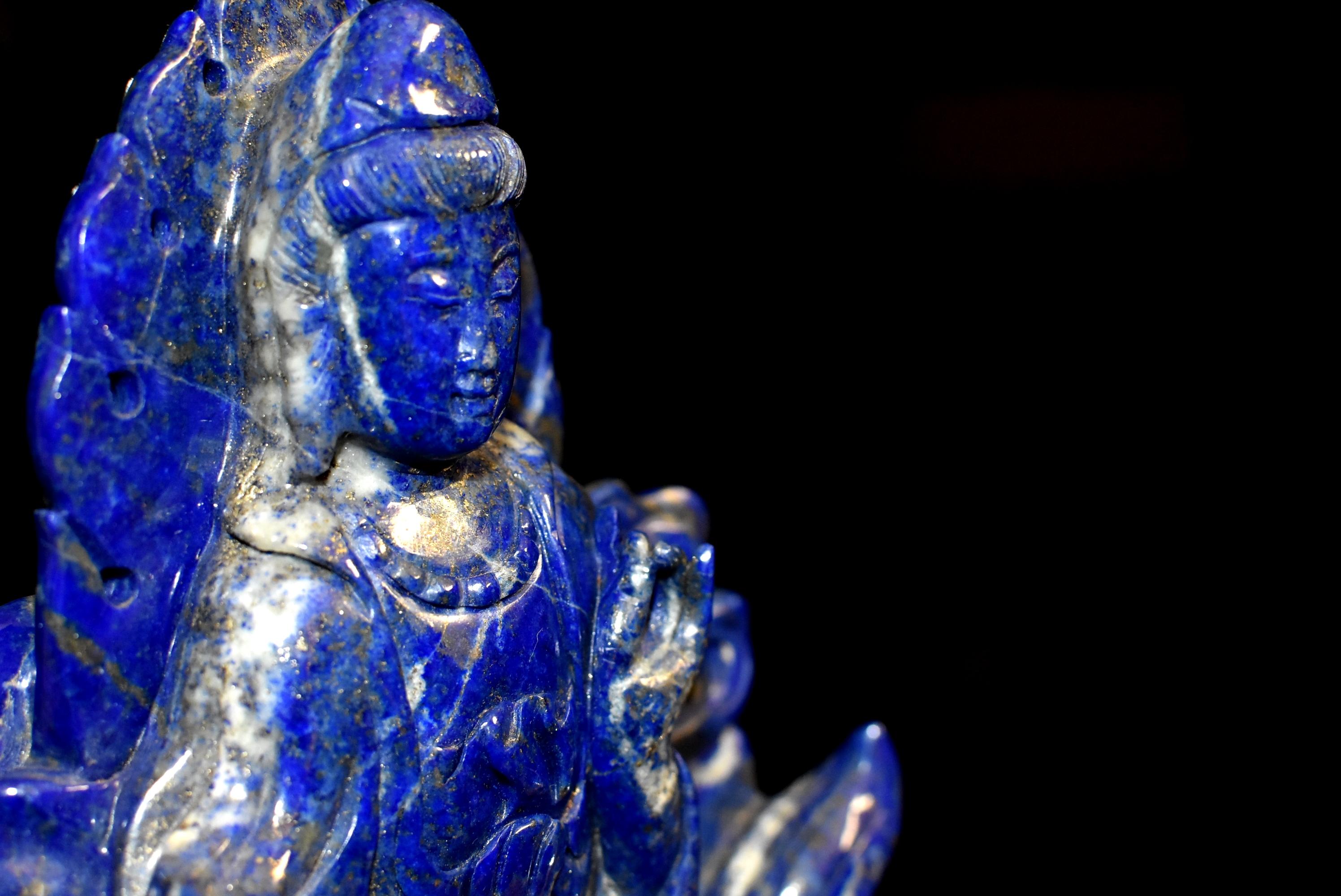 Contemporary Natural Lapis Lazuli Statue of Guan Yin 6 lb Finest Grade For Sale
