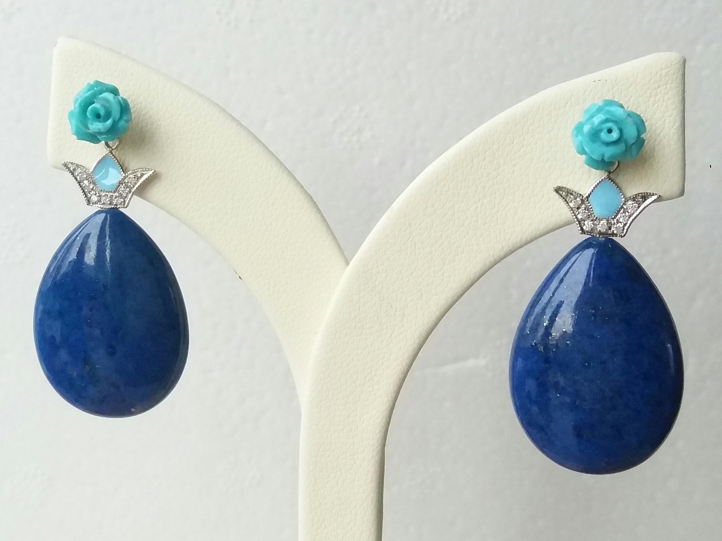 Art Deco Natural Lapis Lazuli Turquoise White Gold Diamonds Blue Enamel Dangle Earrings For Sale