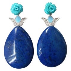 Natural Lapis Lazuli Turquoise White Gold Diamonds Blue Enamel Dangle Earrings