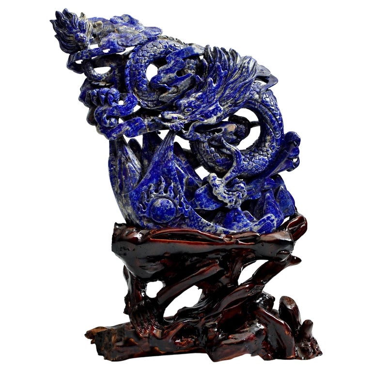 Natural Lapis Luzuli Dragon Statue, Multi-Dimensional Hand Carved For Sale