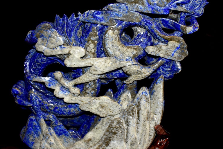 Natural Lapis Luzuli Dragon Statue, Multi-Dimensional Hand Carved For Sale 13