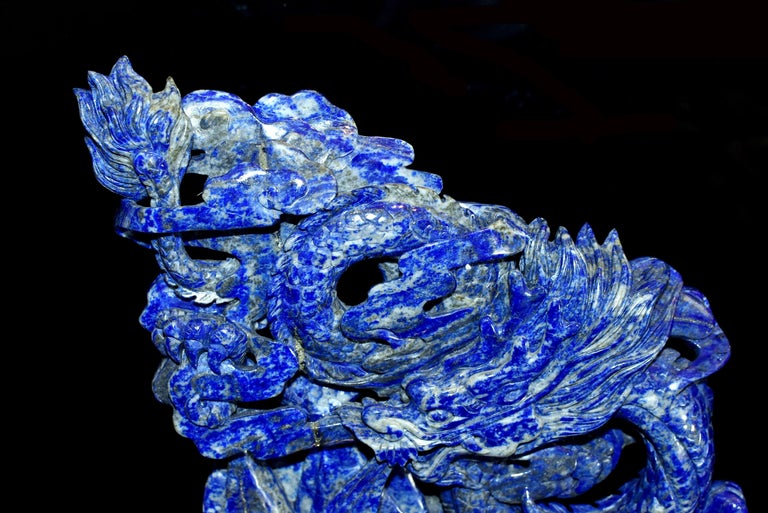 Afghan Natural Lapis Luzuli Dragon Statue, Multi-Dimensional Hand Carved For Sale