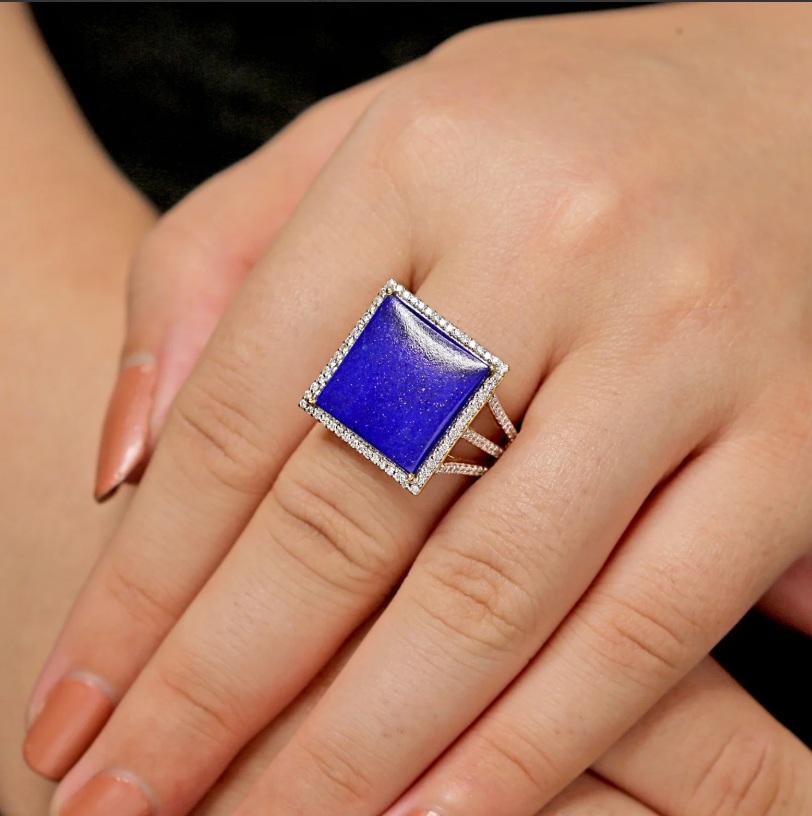 Asscher Cut Natural Lapis Ring 14K gold For Sale