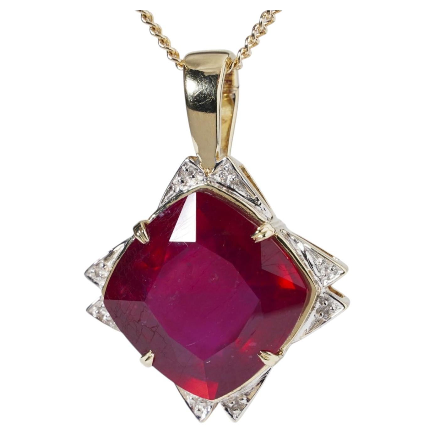 Natural Large 11ct Red Ruby Square Cushion Cut 9ct Gold Pendant Enhancer