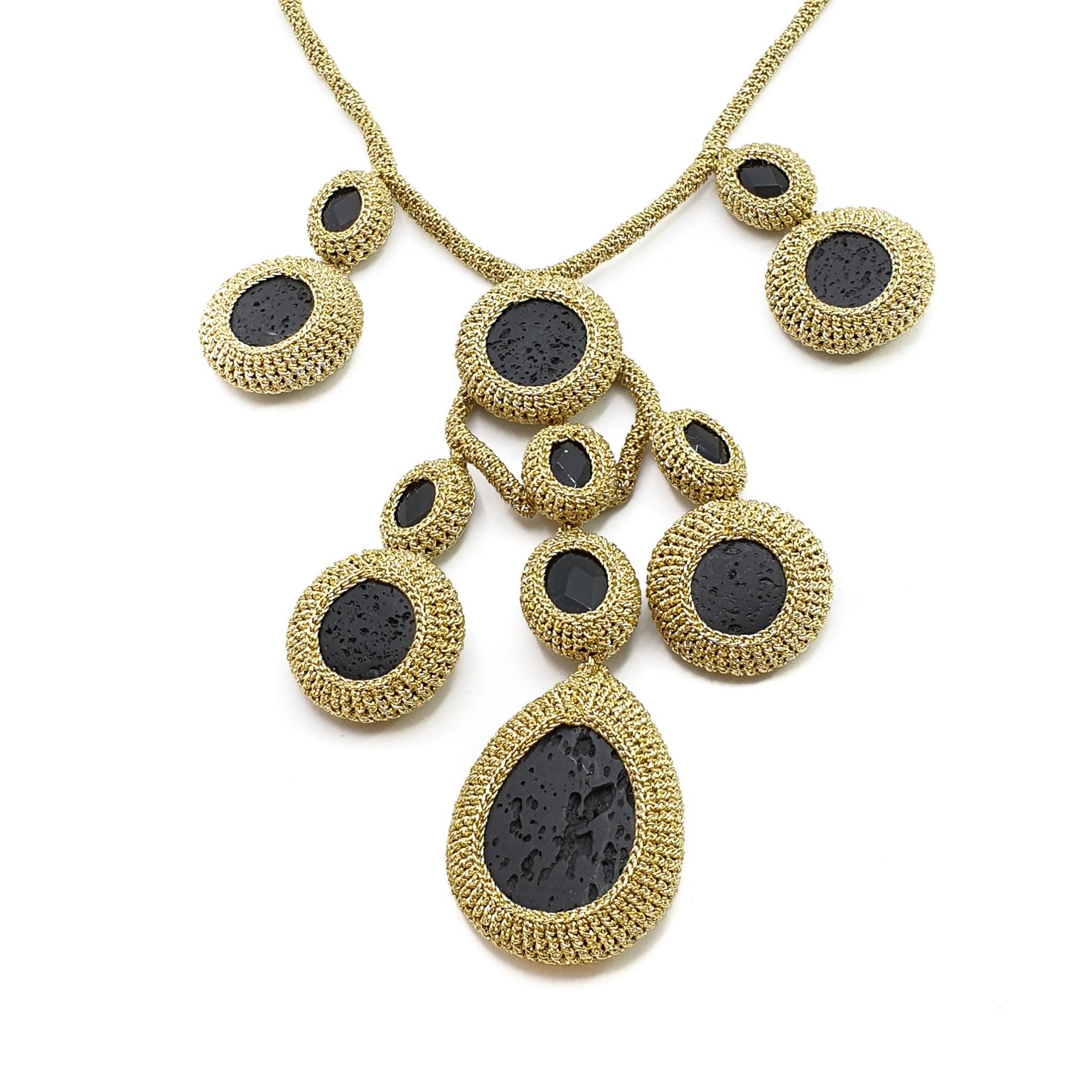 Artisan Natural Lava Black Gold Thread  Handmade Crochet Necklace