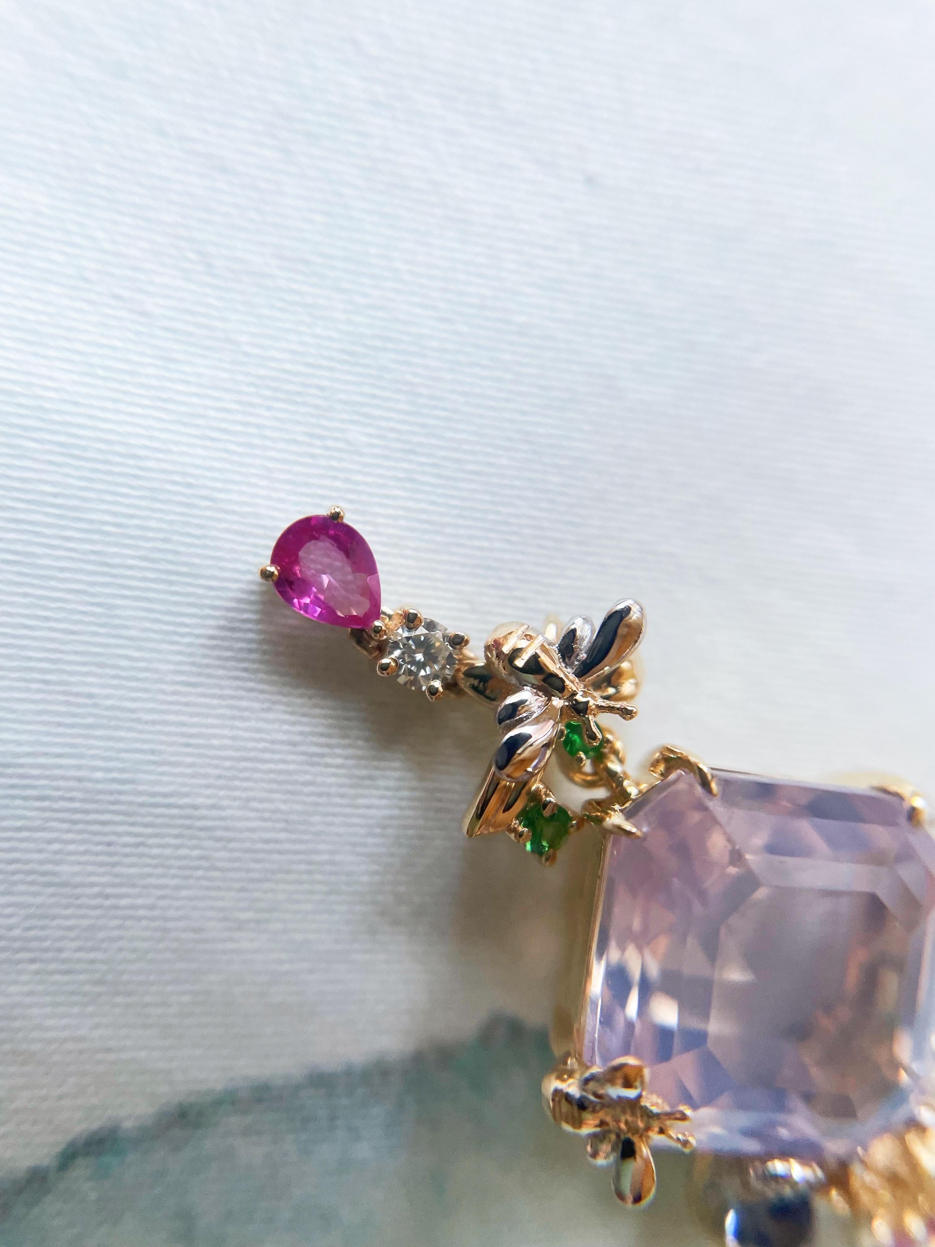 Colgante de Zafiros de Oro Bicolor 14k Floral de Mariposa Amatista Lavanda Natural en venta 4