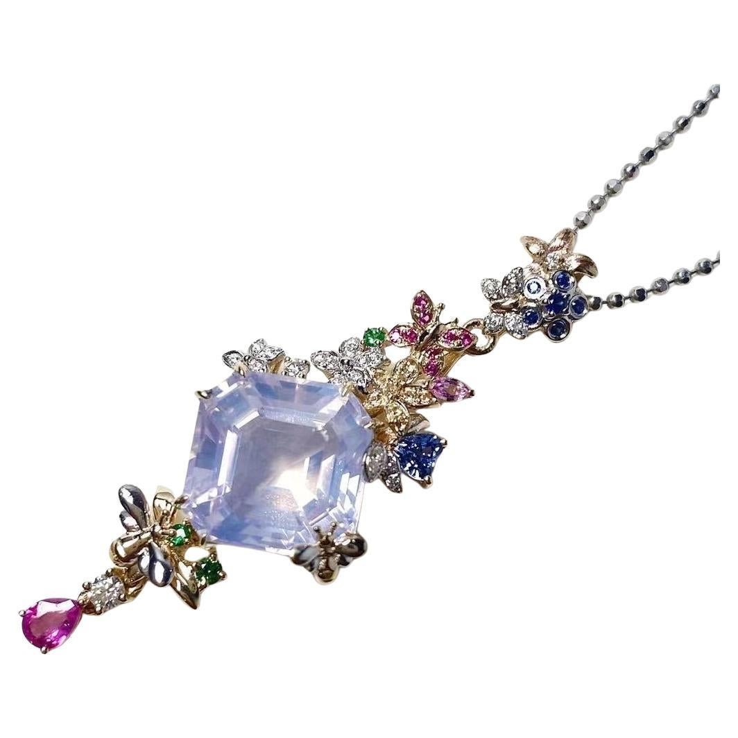 Colgante de Zafiros de Oro Bicolor 14k Floral de Mariposa Amatista Lavanda Natural en venta