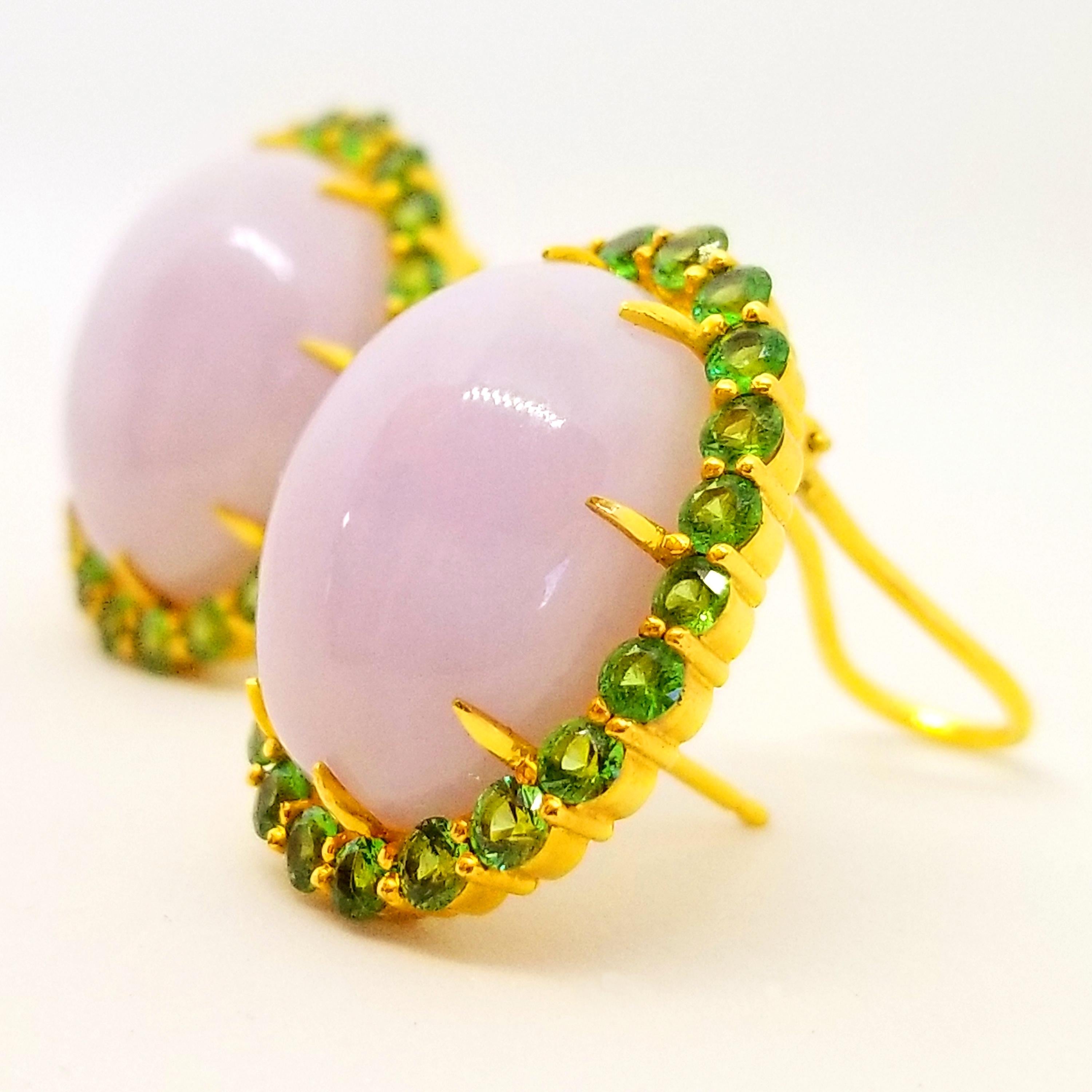 This Colorful pair of Cluster Earrings in Purple and Green are One of a Kind in 18K Yellow Gold. The Earrings feature Round Brilliant cut, natural  Grass Green Tsavorite Garnets of 4.0 Carats total weight. The Gem Quality, Round Brilliant Cut stones