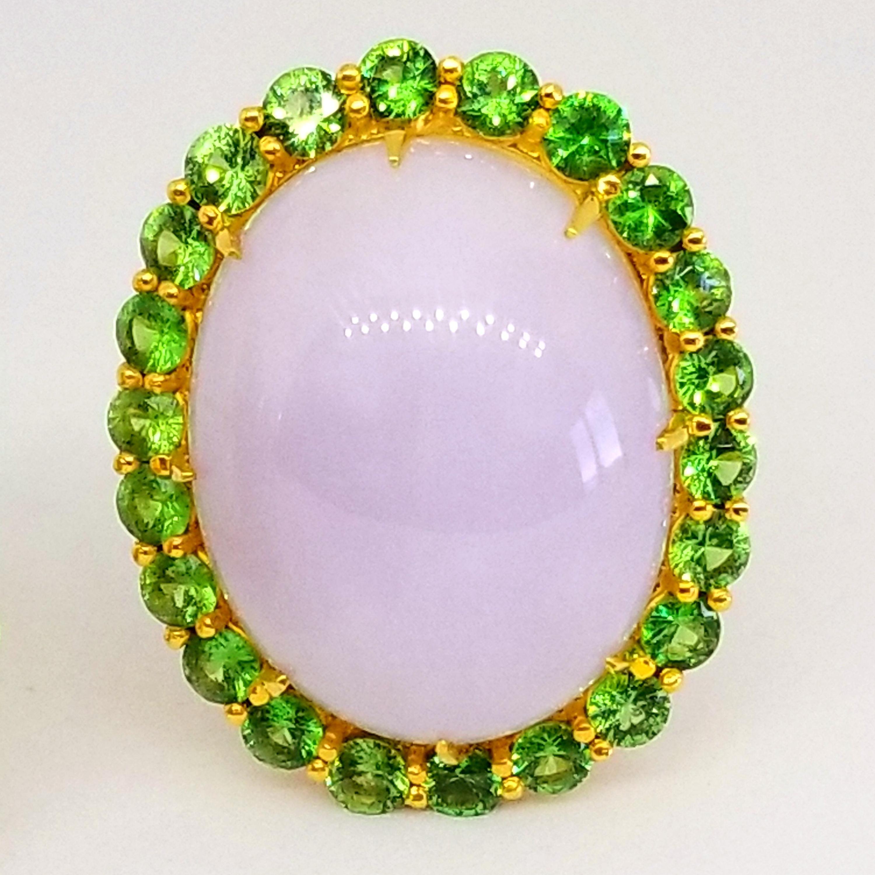 Natural Lavender Jade 4 Carats Green Tsavorite Garnet 18 Karat Gold Earrings 3