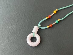 Natural Lavender Jade Donut Pendant with Barrel Charm, Jadeite Necklace