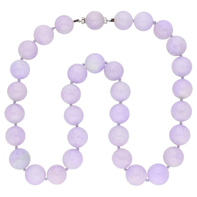 Natural Lavender Jadeite Jade Bead Necklace with Diamond Clasp For Sale