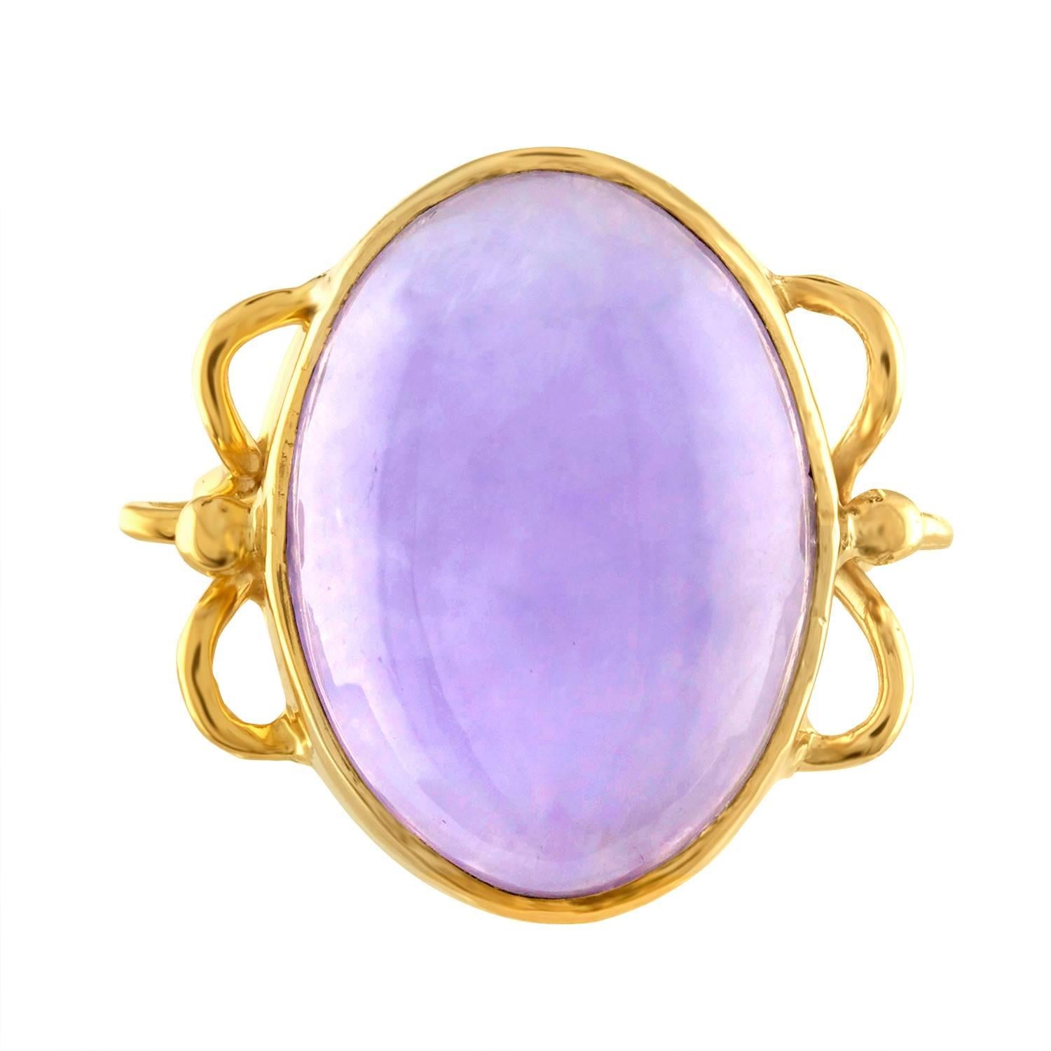 Beautiful & Natural Jade
The ring is 14K Yellow Gold
The Oval Cabochon is Natural Lavender Jade
The top of the ring measures 0.75