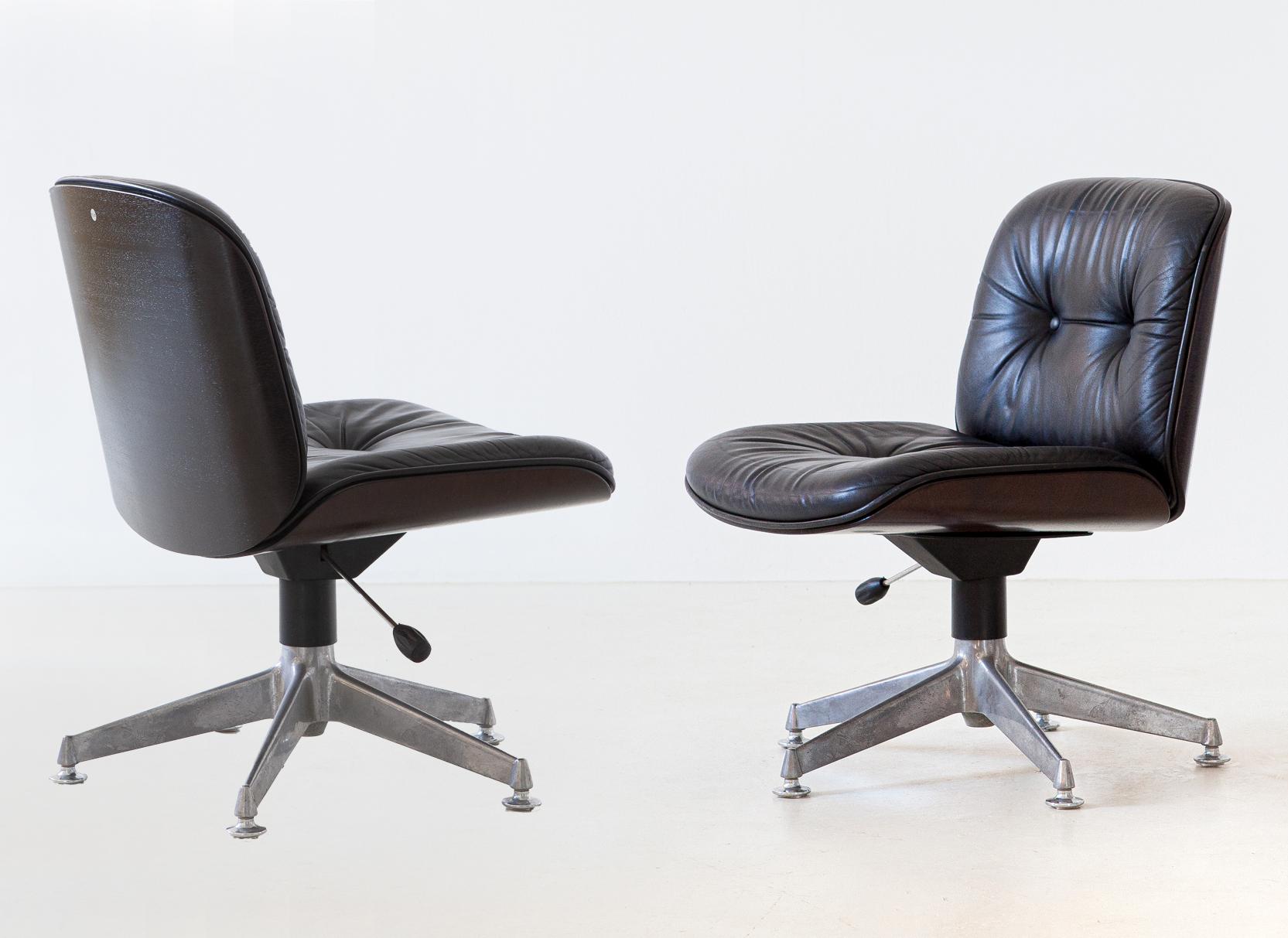 Italian Natural Leather and Dark Wood Office Chairs by Ico Parisi for MIM Roma, 1960s