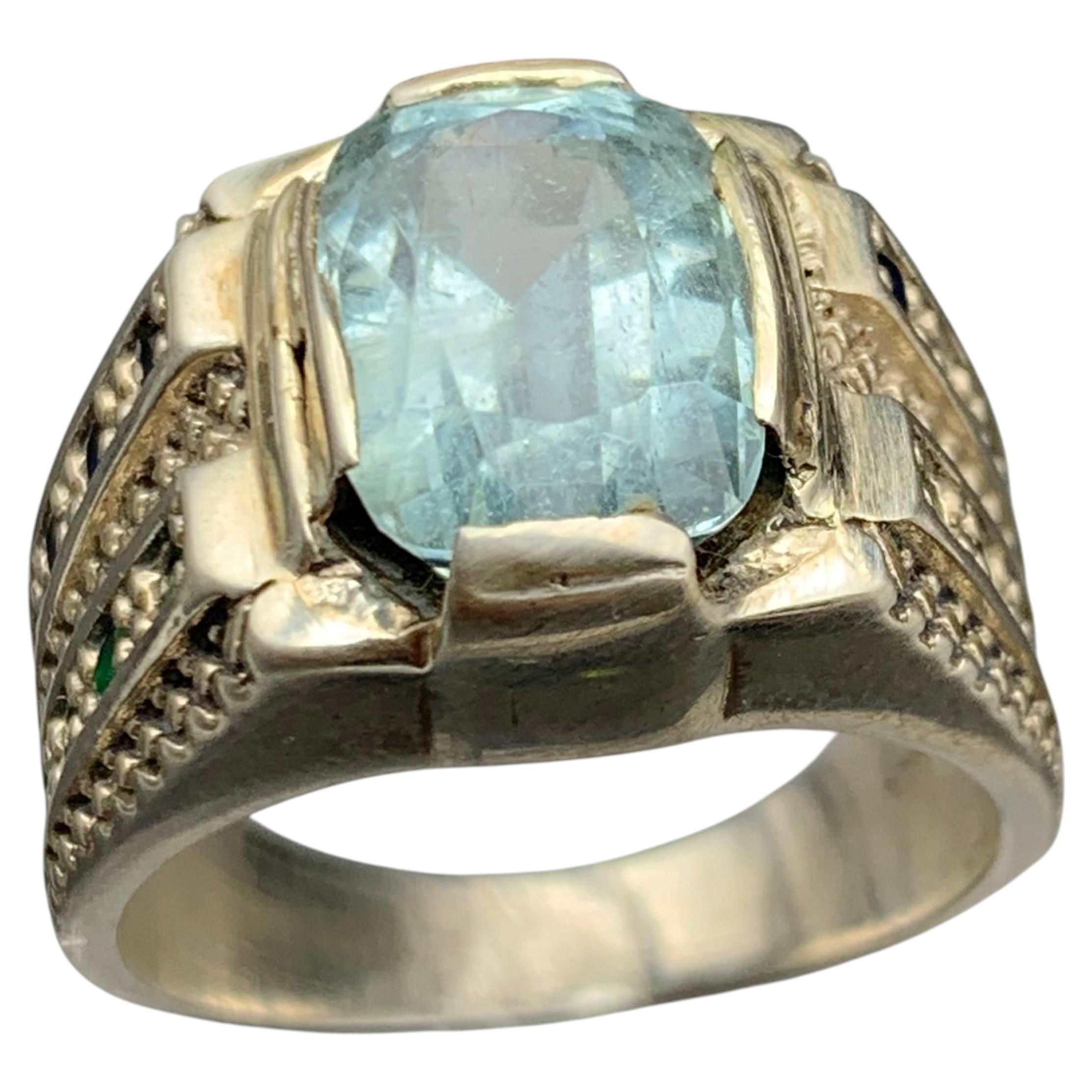 Natural Light Blue Aquamarine Cocktail Ring in 925 Sterling Silver — Handmade