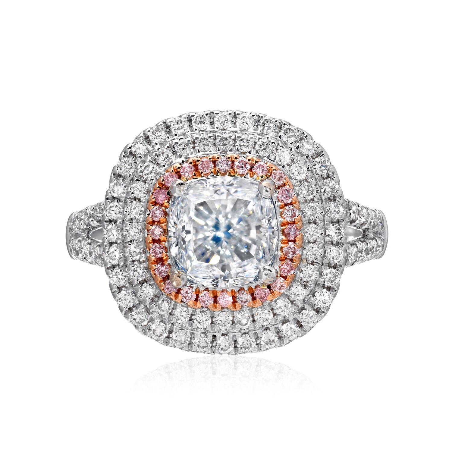 Spectacular G.I.A certified 2.01 carat, natural light blue diamond cushion cut, SI1 clarity, set in a 18K white and rose gold cocktail or diamond engagement ring, adorned by a total of 0.10 carat pink diamonds and 0.56 carats of round brilliant