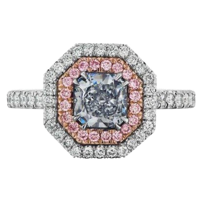 Natural Light Blue Diamond Ring in Pink and White Double Diamond Halo, GIA