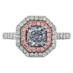 Antique Natural Light Blue Diamond Ring in Pink and White Double Diamond Halo, GIA