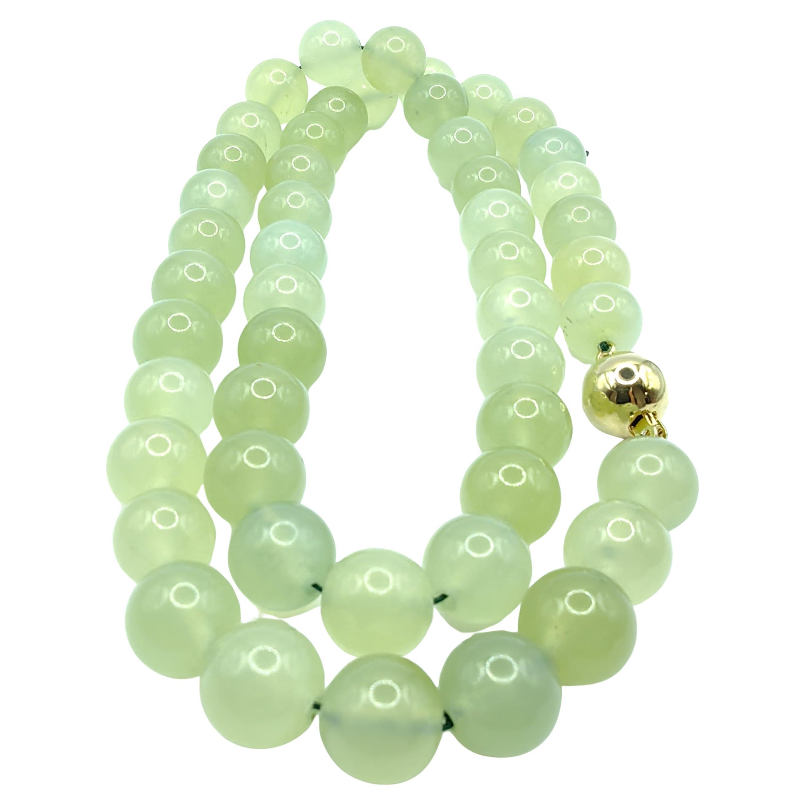 Natural Light Green Serpentine Jade 10mm Bead 20" Necklace with 18K Gold Clasp For Sale