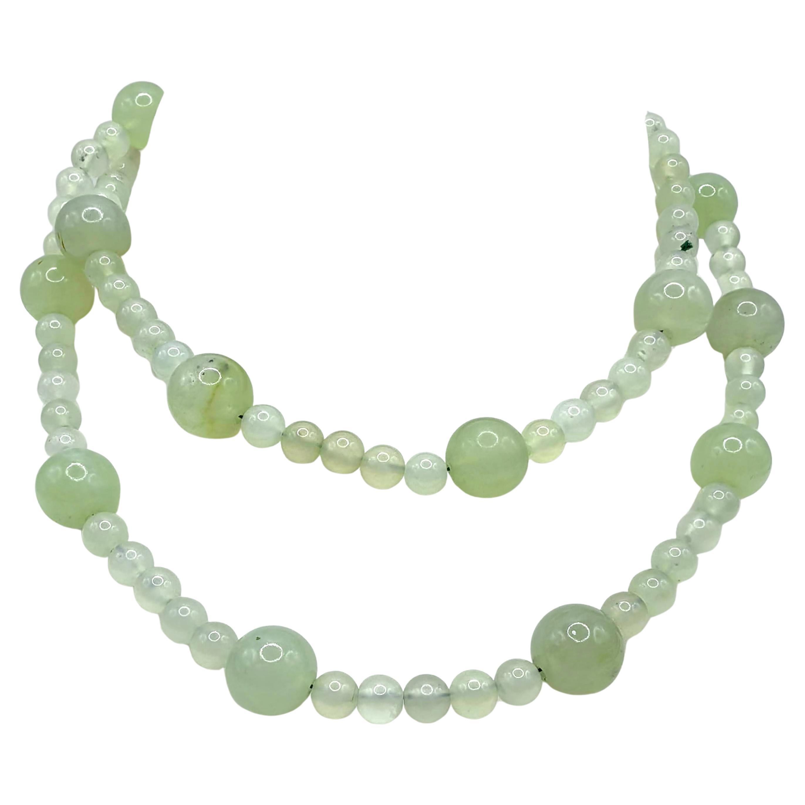 Natural Light Green Serpentine Jade Opera Necklace with 7, 14mm Dual Bead Sizes