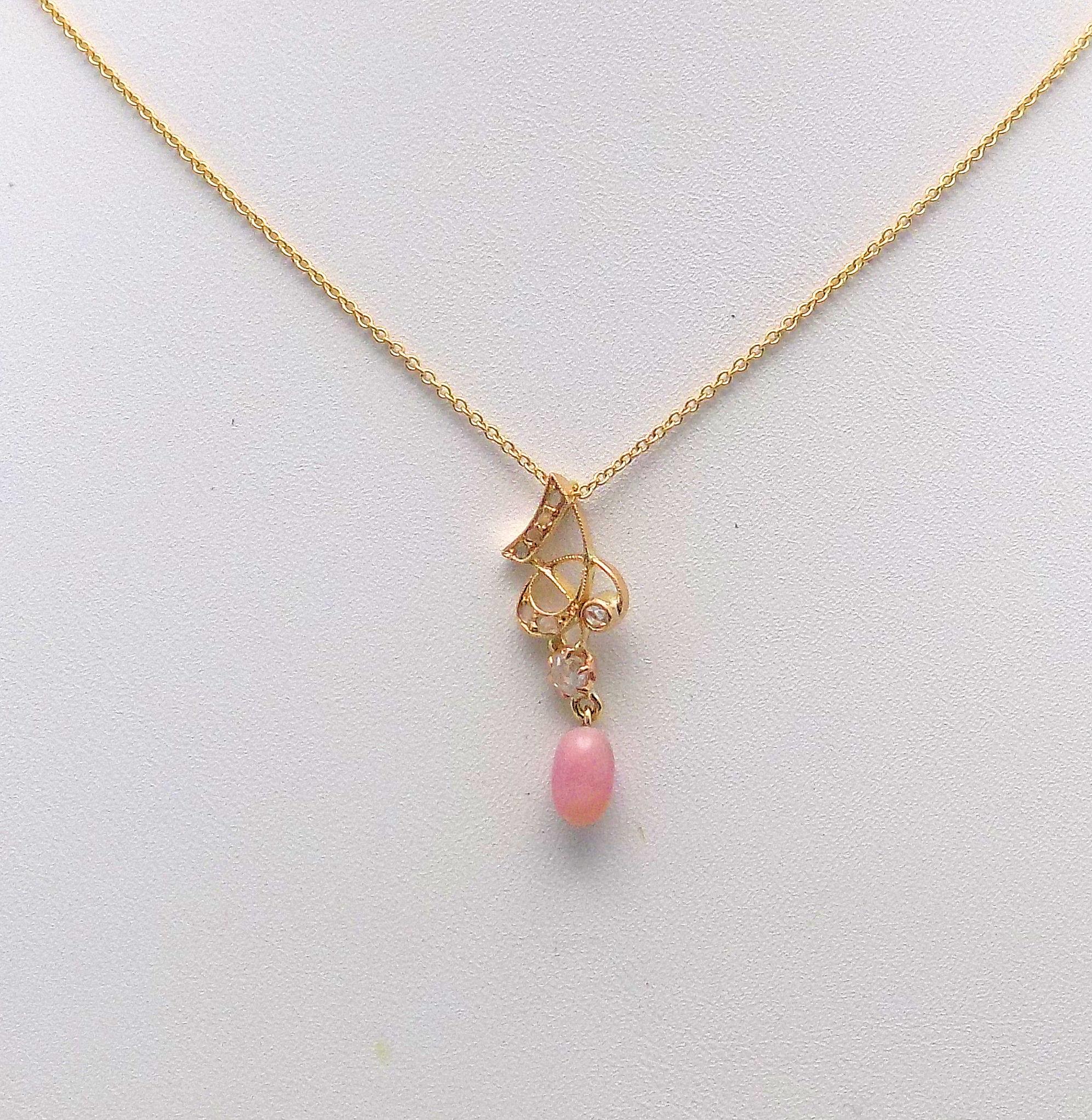 Rose Cut Natural Light Pink Conch Pearl and Diamond Art Nouveau Pendant