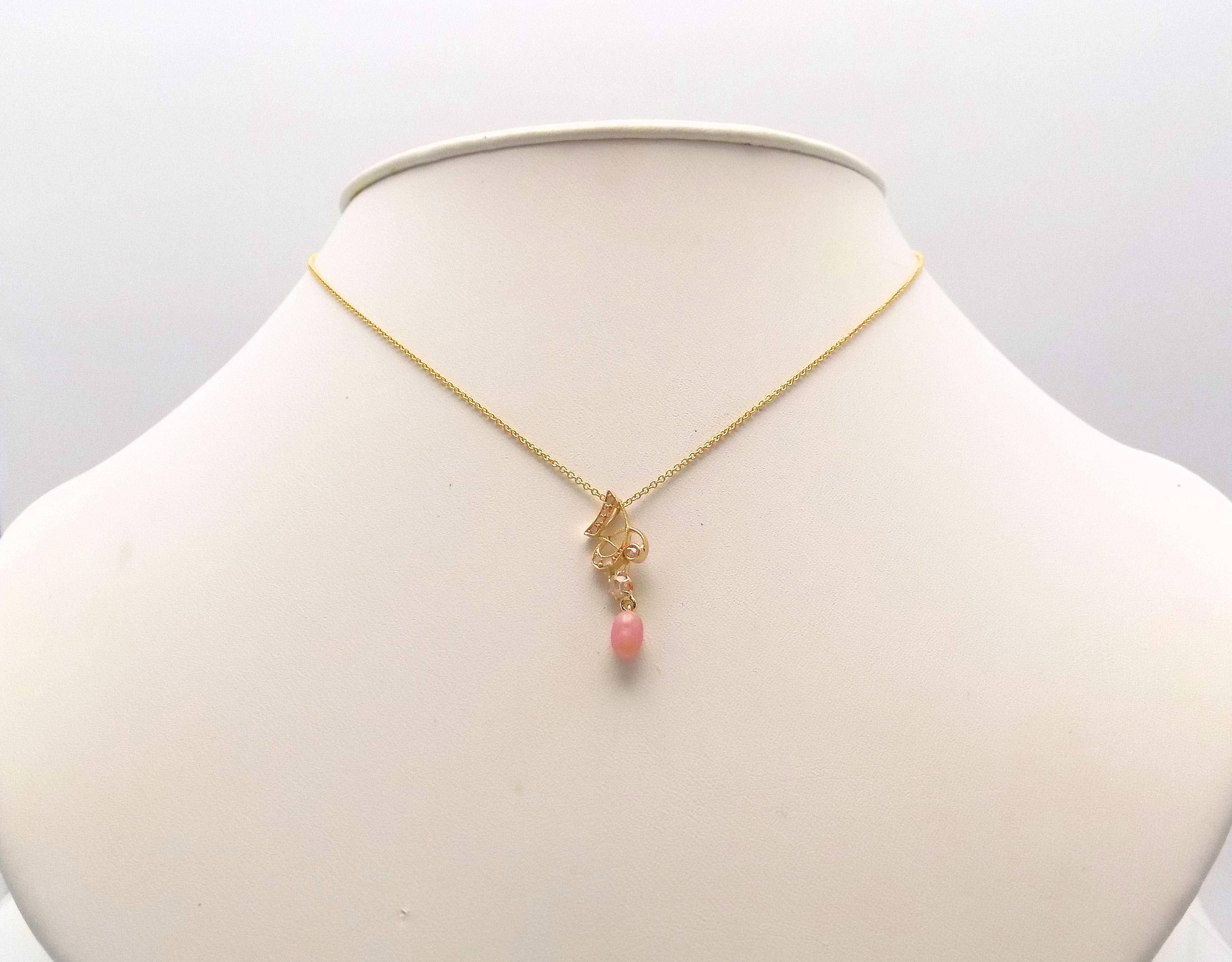 Women's Natural Light Pink Conch Pearl and Diamond Art Nouveau Pendant