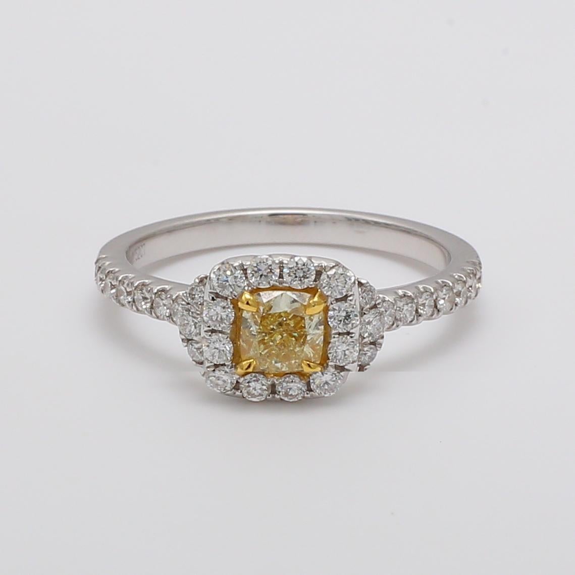 Rare square cushion natural yellow diamond surrounded with natural round white diamonds. This ring is designed to be in a simple setting with a single array of diamonds as well as two three diamond semicircle surrounding the centerstone in addition