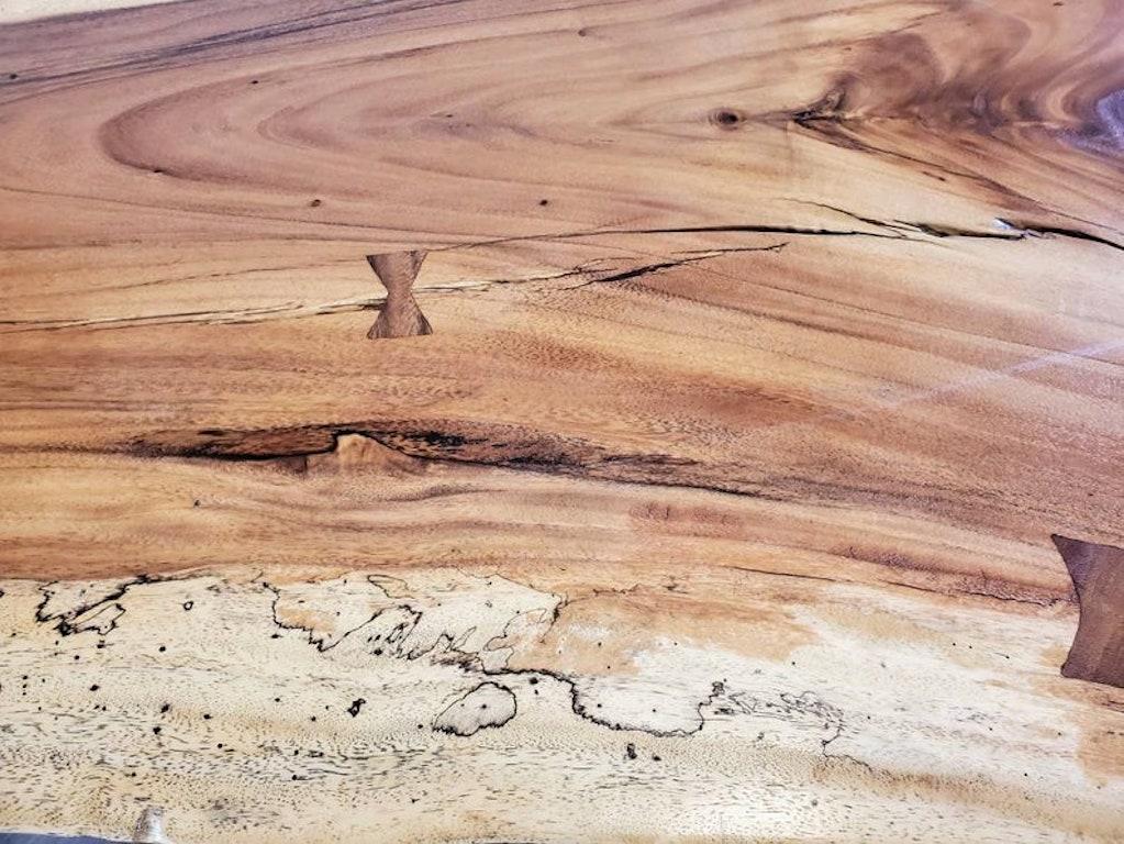 Natural Live Edge Highly Figured Inlaid Ash Slab Table For Sale 3