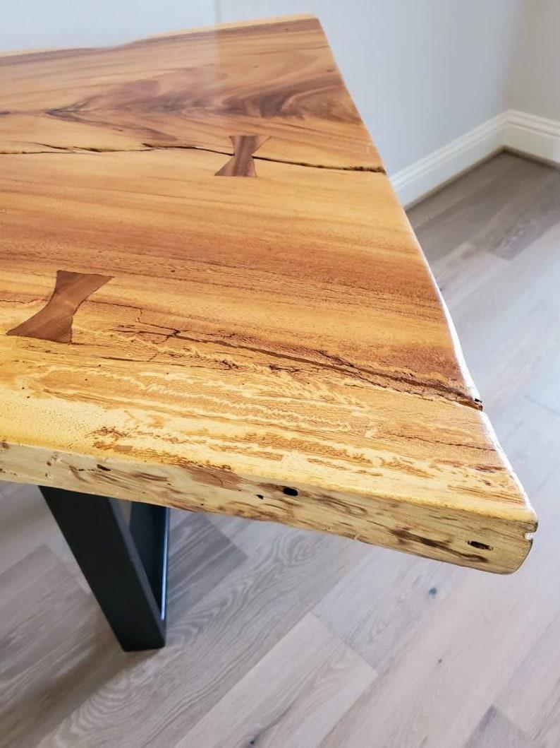 Steel Natural Live Edge Highly Figured Inlaid Ash Slab Table For Sale