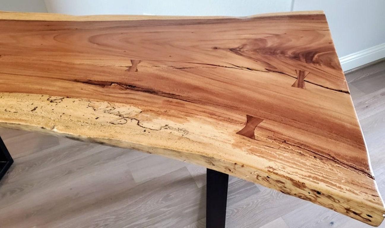 Natural Live Edge Highly Figured Inlaid Ash Slab Table For Sale 1