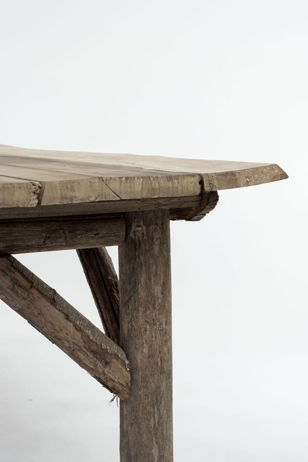 Contemporary Natural Live-Edge Rectangular-Shape Table Raised Upon Rustic Wooden Trestle Base For Sale