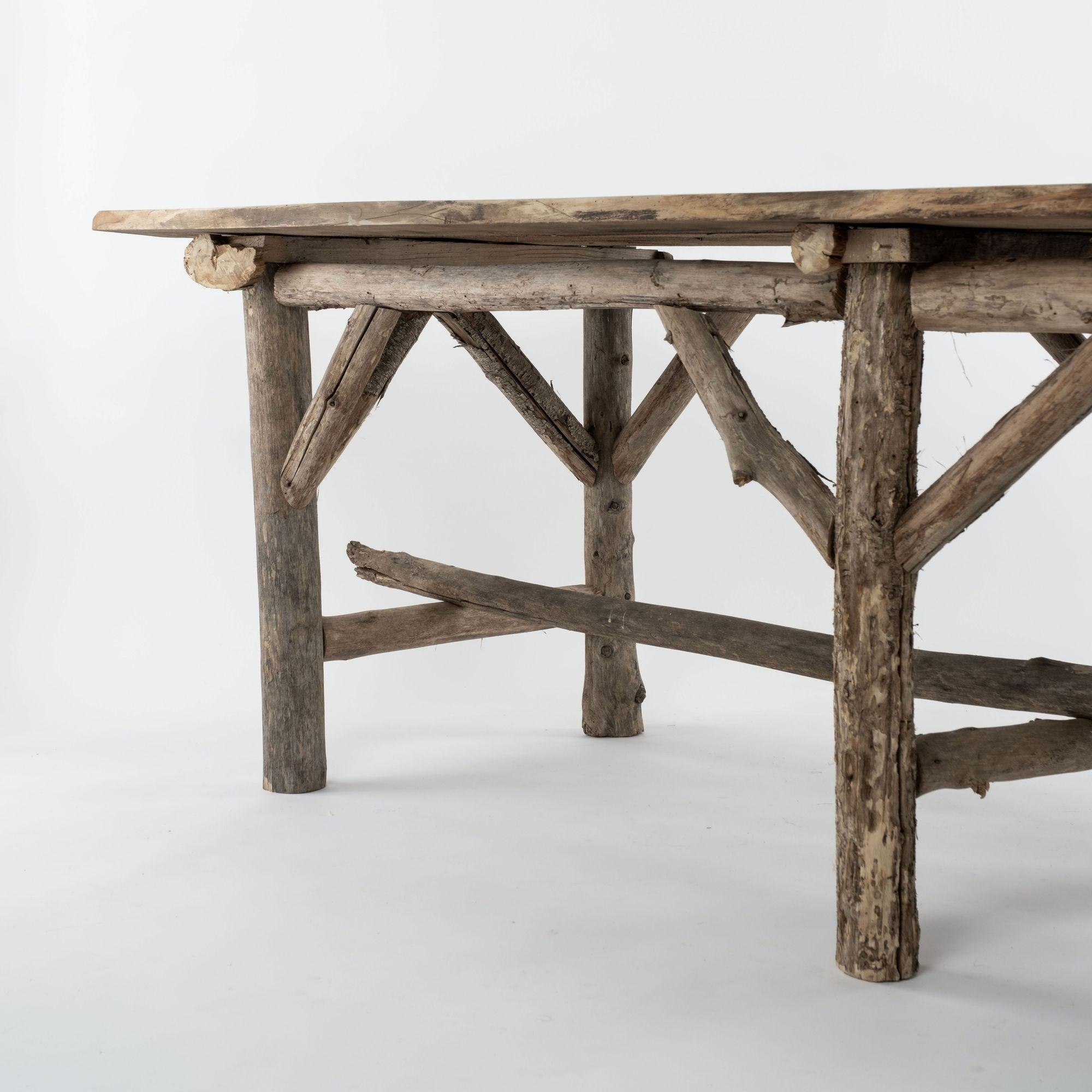 Natural Live-Edge Rectangular-Shape Table Raised Upon Rustic Wooden Trestle Base For Sale 2