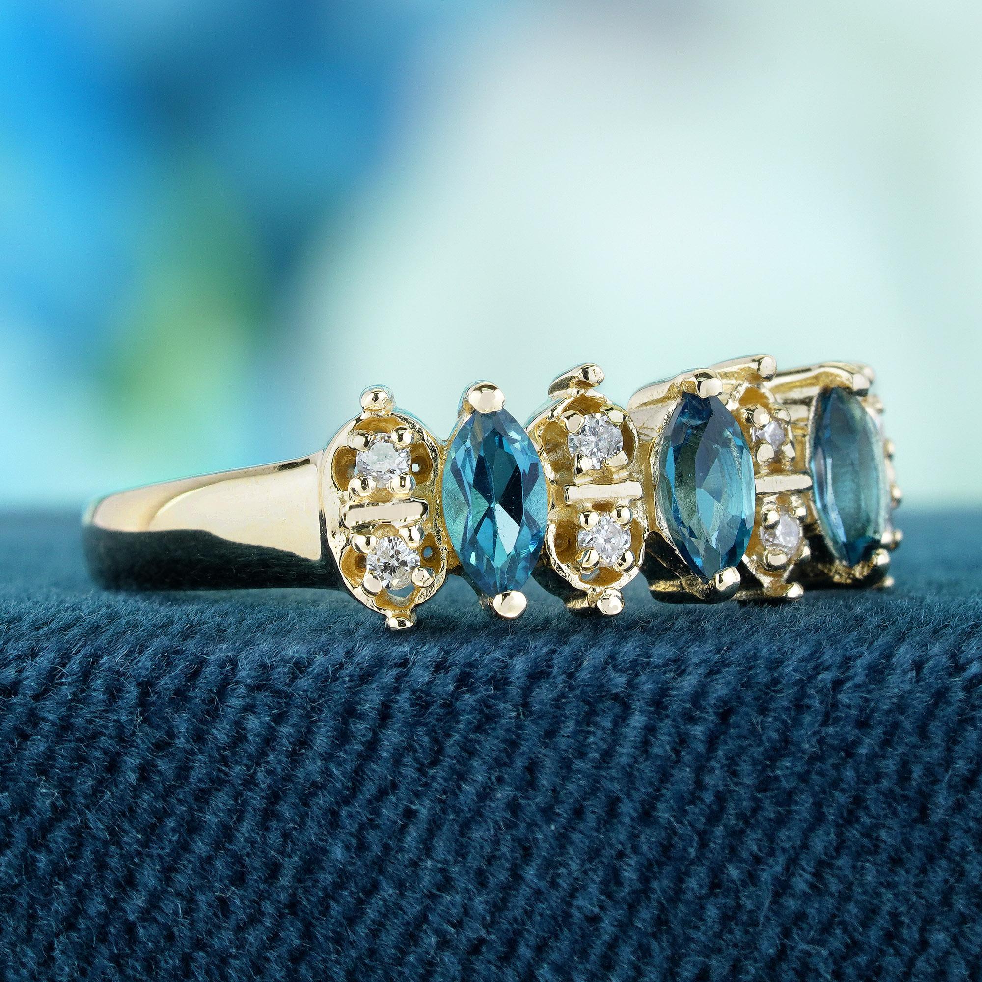 Natürlicher Londoner Blauer Topas und Diamantring im Vintage-Stil aus massivem 9K Gelbgold (Edwardian) im Angebot