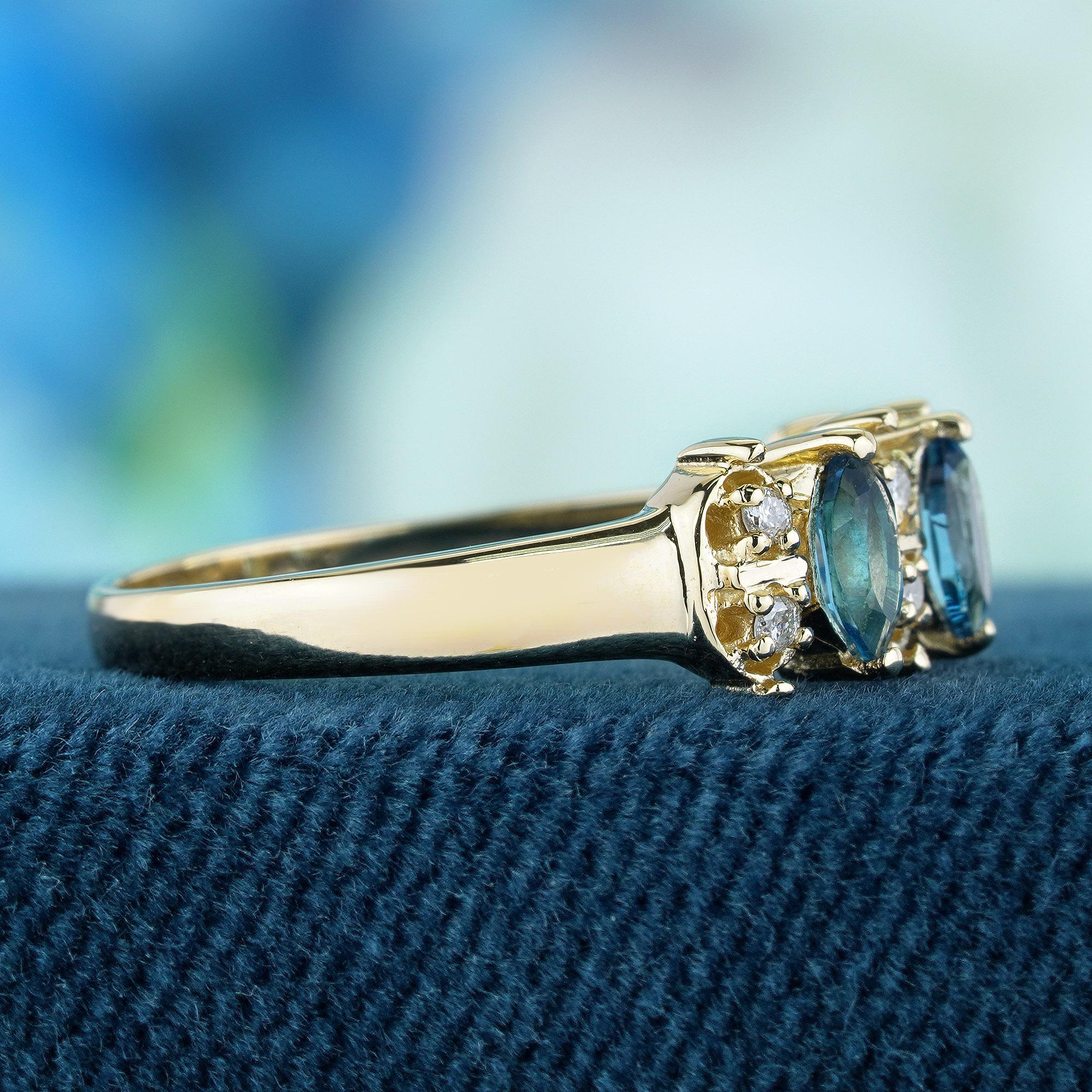Natürlicher Londoner Blauer Topas und Diamantring im Vintage-Stil aus massivem 9K Gelbgold (Marquiseschliff) im Angebot